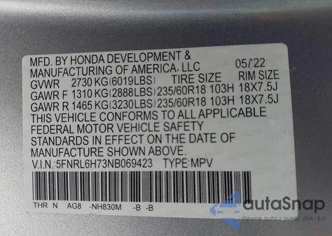 2022 Honda Odyssey Ex-L from USA, damaged, VIN 5FNRL6H73NB069423